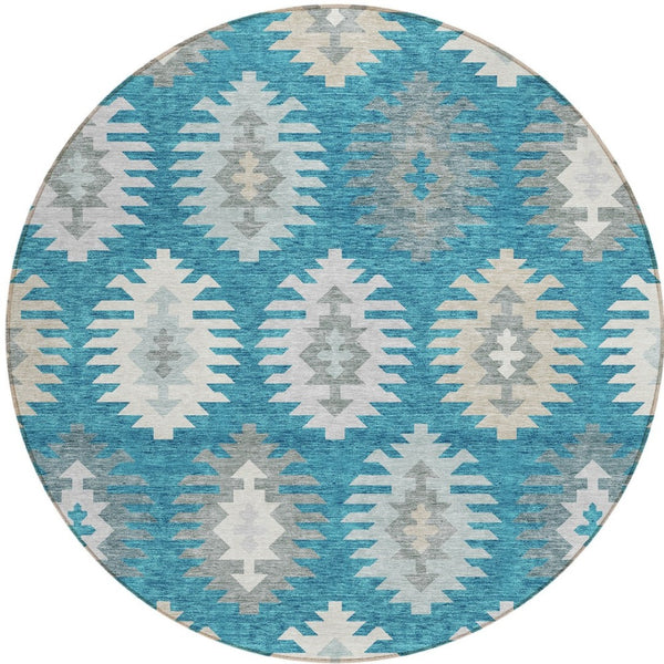 HomeRoots 5' Teal Blue Ivory and Gray Southwestern Area Rug - Durable, Washable, Indoor/Outdoor Charm for Any Space 8' Round 615178