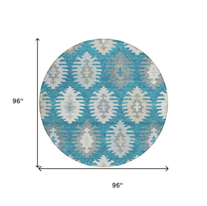 HomeRoots 5' Teal Blue Ivory and Gray Southwestern Area Rug - Durable, Washable, Indoor/Outdoor Charm for Any Space 8' Round 615178