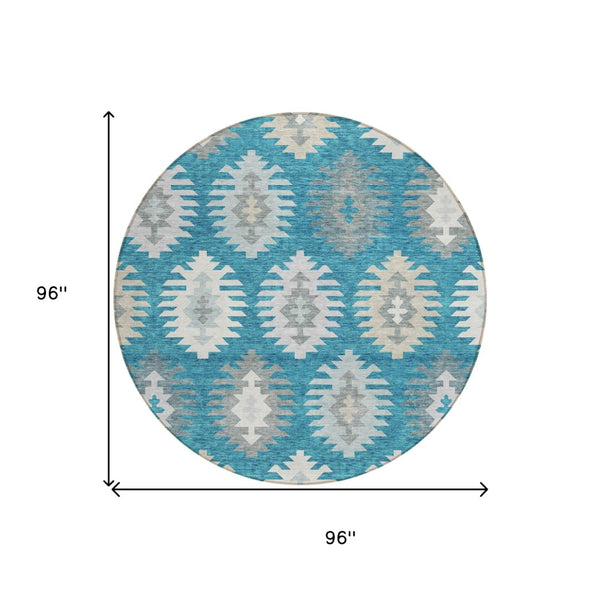 HomeRoots 5' Teal Blue Ivory and Gray Southwestern Area Rug - Durable, Washable, Indoor/Outdoor Charm for Any Space 8' Round 615178