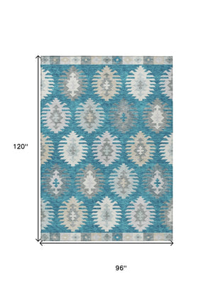 HomeRoots 5' Teal Blue Ivory and Gray Southwestern Area Rug - Durable, Washable, Indoor/Outdoor Charm for Any Space 8' X 10' 615179