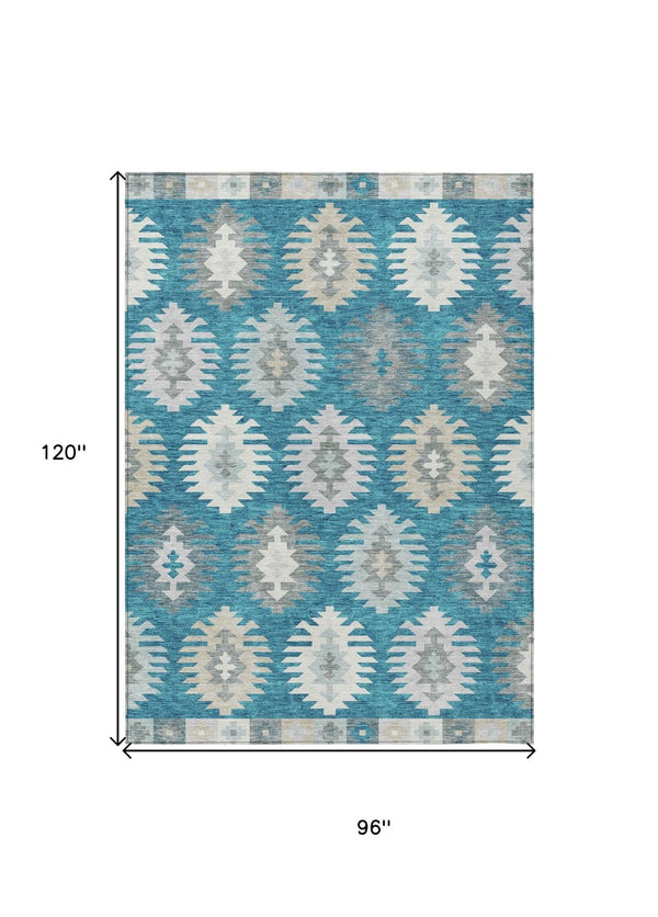 HomeRoots 5' Teal Blue Ivory and Gray Southwestern Area Rug - Durable, Washable, Indoor/Outdoor Charm for Any Space 8' X 10' 615179