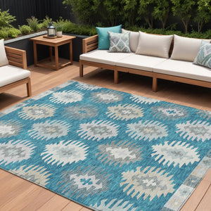 HomeRoots 5' Teal Blue Ivory and Gray Southwestern Area Rug - Durable, Washable, Indoor/Outdoor Charm for Any Space 8' X 10' 615179
