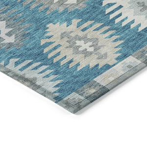 HomeRoots 5' Teal Blue Ivory and Gray Southwestern Area Rug - Durable, Washable, Indoor/Outdoor Charm for Any Space 8' X 10' 615179