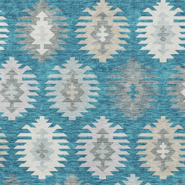 HomeRoots 5' Teal Blue Ivory and Gray Southwestern Area Rug - Durable, Washable, Indoor/Outdoor Charm for Any Space 8' X 10' 615179