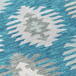 HomeRoots 5' Teal Blue Ivory and Gray Southwestern Area Rug - Durable, Washable, Indoor/Outdoor Charm for Any Space 8' X 10' 615179