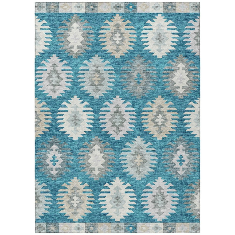 HomeRoots 9' X 12' Teal Blue Ivory Gray Southwestern Area Rug - Durable, Washable, Indoor Outdoor Charm! 615180