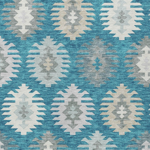 HomeRoots 9' X 12' Teal Blue Ivory Gray Southwestern Area Rug - Durable, Washable, Indoor Outdoor Charm! 615180