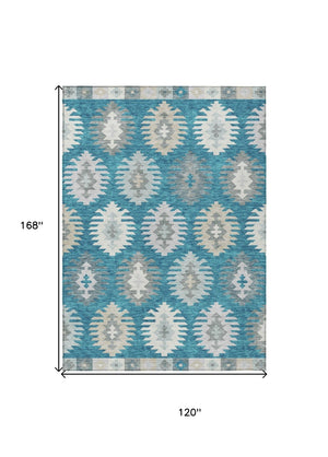 HomeRoots 5' Teal Blue Ivory and Gray Southwestern Area Rug - Durable, Washable, Indoor/Outdoor Charm for Any Space 10' X 14' 615181