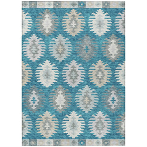 HomeRoots 5' Teal Blue Ivory and Gray Southwestern Area Rug - Durable, Washable, Indoor/Outdoor Charm for Any Space 10' X 14' 615181