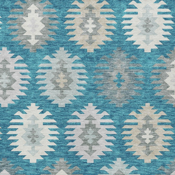 HomeRoots 5' Teal Blue Ivory and Gray Southwestern Area Rug - Durable, Washable, Indoor/Outdoor Charm for Any Space 10' X 14' 615181