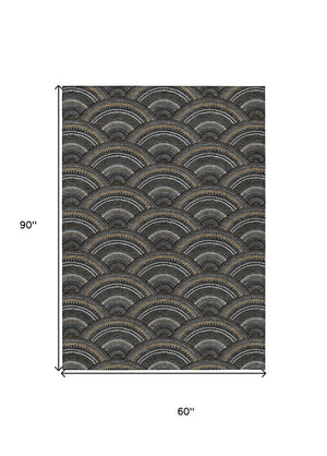 HomeRoots 5' Bold Geometric Black, Ivory & Gold Washable Area Rug for Indoor & Outdoor Style and Durability 5' X 8' 615183