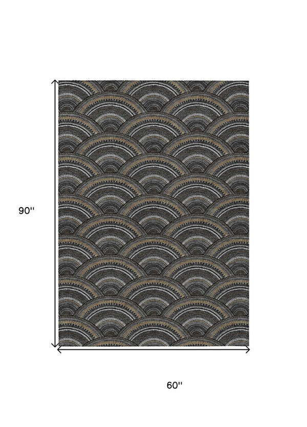 HomeRoots 5' Bold Geometric Black, Ivory & Gold Washable Area Rug for Indoor & Outdoor Style and Durability 5' X 8' 615183