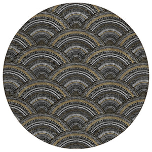 HomeRoots 5' Bold Geometric Black, Ivory & Gold Washable Area Rug for Indoor & Outdoor Style and Durability 8' Round 615184