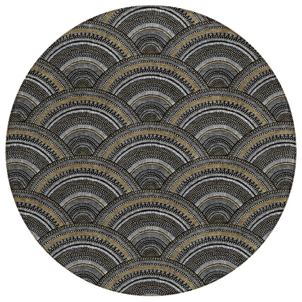 HomeRoots 5' Bold Geometric Black, Ivory & Gold Washable Area Rug for Indoor & Outdoor Style and Durability 8' Round 615184