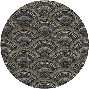 HomeRoots 5' Bold Geometric Black, Ivory & Gold Washable Area Rug for Indoor & Outdoor Style and Durability 8' Round 615184
