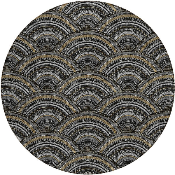 HomeRoots 5' Bold Geometric Black, Ivory & Gold Washable Area Rug for Indoor & Outdoor Style and Durability 8' Round 615184
