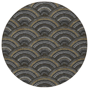 HomeRoots 5' Bold Geometric Black, Ivory & Gold Washable Area Rug for Indoor & Outdoor Style and Durability 8' Round 615184