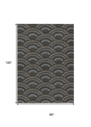 HomeRoots 5' Bold Geometric Black, Ivory & Gold Washable Area Rug for Indoor & Outdoor Style and Durability 8' X 10' 615185
