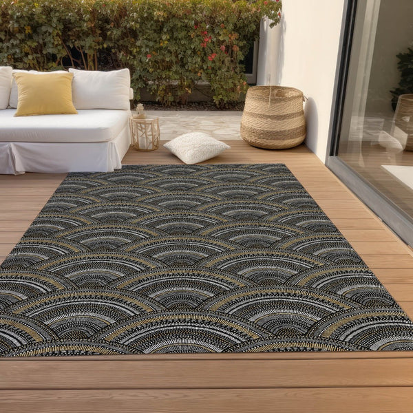 HomeRoots 5' Bold Geometric Black, Ivory & Gold Washable Area Rug for Indoor & Outdoor Style and Durability 8' X 10' 615185