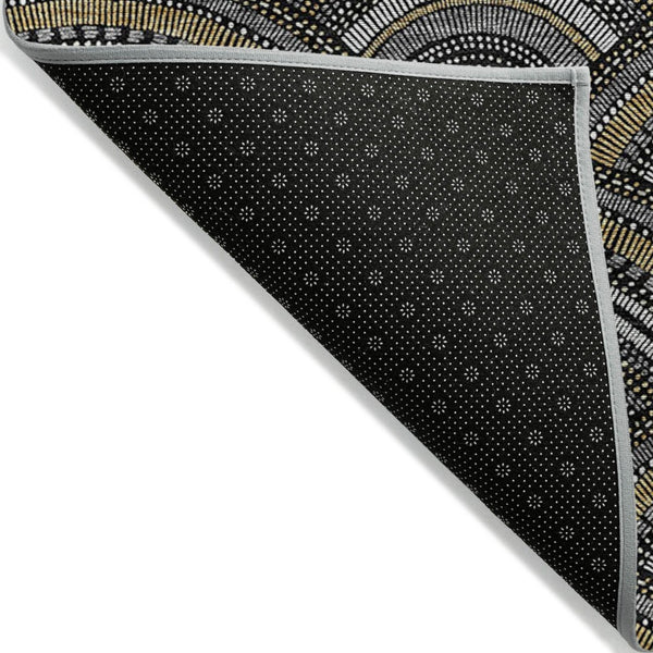 HomeRoots 5' Bold Geometric Black, Ivory & Gold Washable Area Rug for Indoor & Outdoor Style and Durability 9' X 12' 615186
