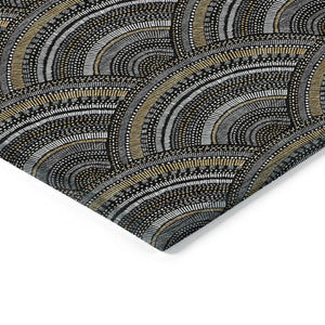 HomeRoots 5' Bold Geometric Black, Ivory & Gold Washable Area Rug for Indoor & Outdoor Style and Durability 9' X 12' 615186
