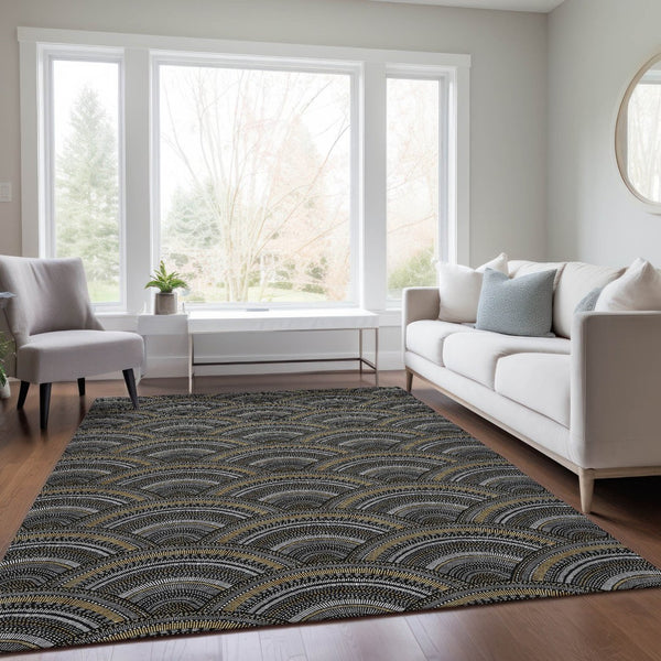 HomeRoots 5' Bold Geometric Black, Ivory & Gold Washable Area Rug for Indoor & Outdoor Style and Durability 10' X 14' 615187