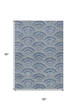 HomeRoots 5' Stylish Denim Blue Geometric Washable Area Rug for Indoor and Outdoor Spaces – Durable & Versatile 5' X 8' 615195