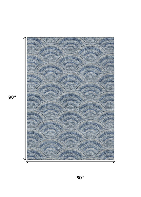 HomeRoots 5' Stylish Denim Blue Geometric Washable Area Rug for Indoor and Outdoor Spaces – Durable & Versatile 5' X 8' 615195