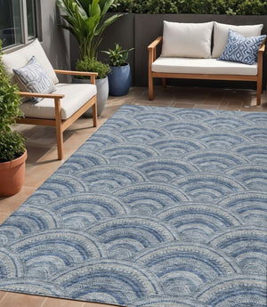 HomeRoots 5' Stylish Denim Blue Geometric Washable Area Rug for Indoor and Outdoor Spaces – Durable & Versatile 5' X 8' 615195