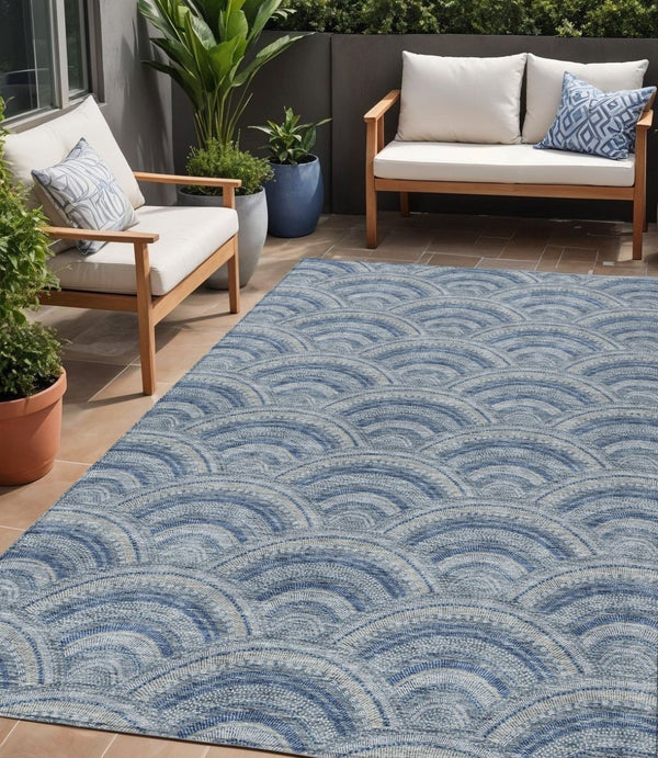 HomeRoots 5' Stylish Denim Blue Geometric Washable Area Rug for Indoor and Outdoor Spaces – Durable & Versatile 5' X 8' 615195
