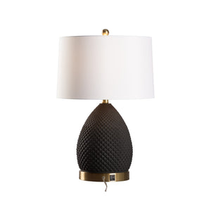 Wildwood Hester Sculptural Black Ceramic Table Lamp With Textured Diamond Pattern, Antique Brass & Usb Port 61520