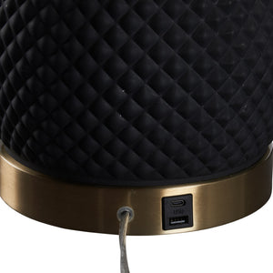 Wildwood Hester Sculptural Black Ceramic Table Lamp With Textured Diamond Pattern, Antique Brass & Usb Port 61520