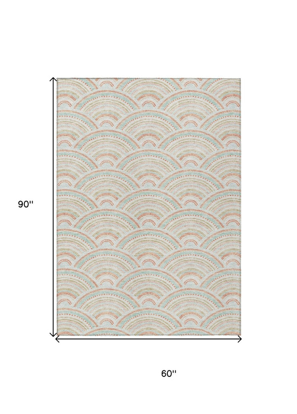 HomeRoots 5' Stylish Linen Orange and Ivory Geometric Area Rug - Machine Washable for Indoor & Outdoor Use 5' X 8' 615201