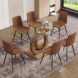 English Elm 1 Table and 6 Chairs Set.63"X35.4X30" Rectangular Transprant Tempered Glass Dining Tabletop With Wood Color Mdf Oc Shaped Bracket.Paired With 6 Brown Technology Fabric Dining Chairs.