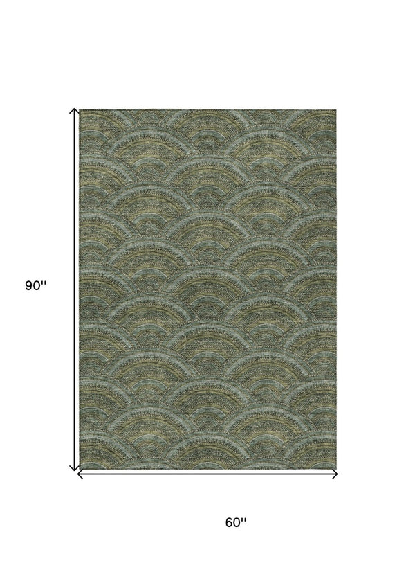 HomeRoots 5' Stylish Olive Green Geometric Area Rug for Indoor and Outdoor Use - Washable, Durable, Modern Design 5' X 8' 615213