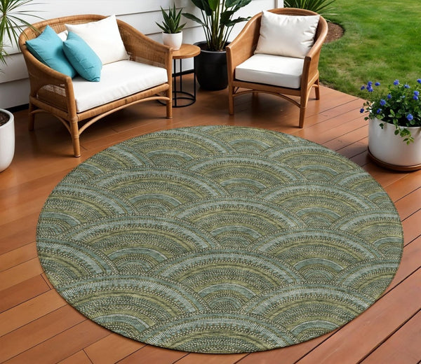 HomeRoots 5' Stylish Olive Green Geometric Area Rug for Indoor and Outdoor Use - Washable, Durable, Modern Design 8' Round 615214