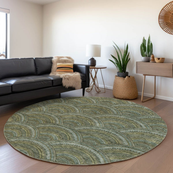 HomeRoots 5' Stylish Olive Green Geometric Area Rug for Indoor and Outdoor Use - Washable, Durable, Modern Design 8' Round 615214