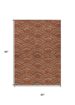 HomeRoots 5' Vibrant Orange Gold Ivory Geometric Area Rug - Durable, Washable, Indoor/Outdoor Design for Modern Spaces 5' X 8' 615219