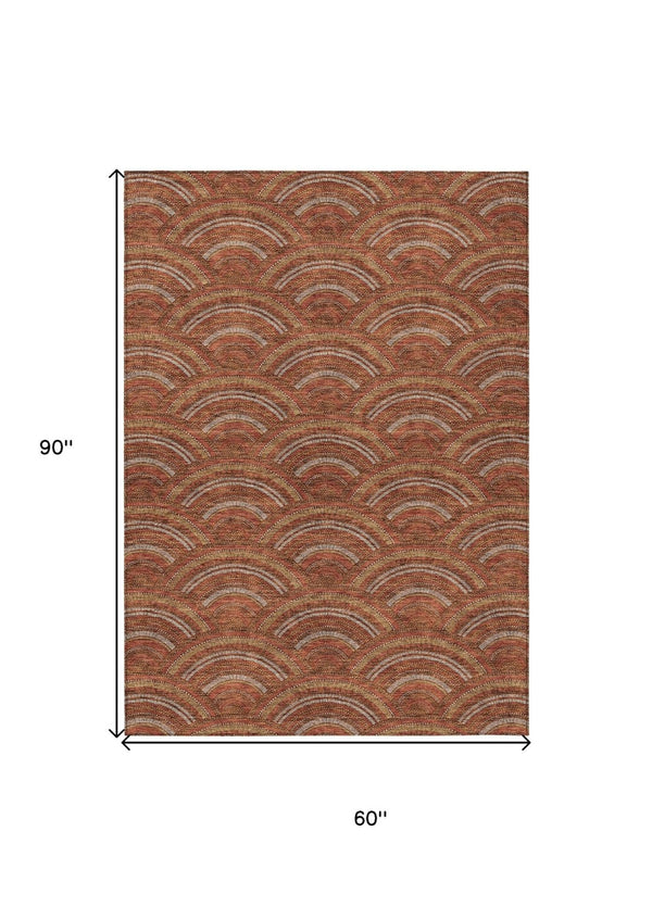 HomeRoots 5' Vibrant Orange Gold Ivory Geometric Area Rug - Durable, Washable, Indoor/Outdoor Design for Modern Spaces 5' X 8' 615219