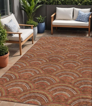 HomeRoots 5' Vibrant Orange Gold Ivory Geometric Area Rug - Durable, Washable, Indoor/Outdoor Design for Modern Spaces 5' X 8' 615219