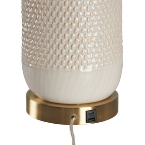 Wildwood Sophia Textured Cream Ceramic Lamp With Brass Accents, Usb Charging Port, Crisp White Shade — Elegant Bedside Lighting 61522
