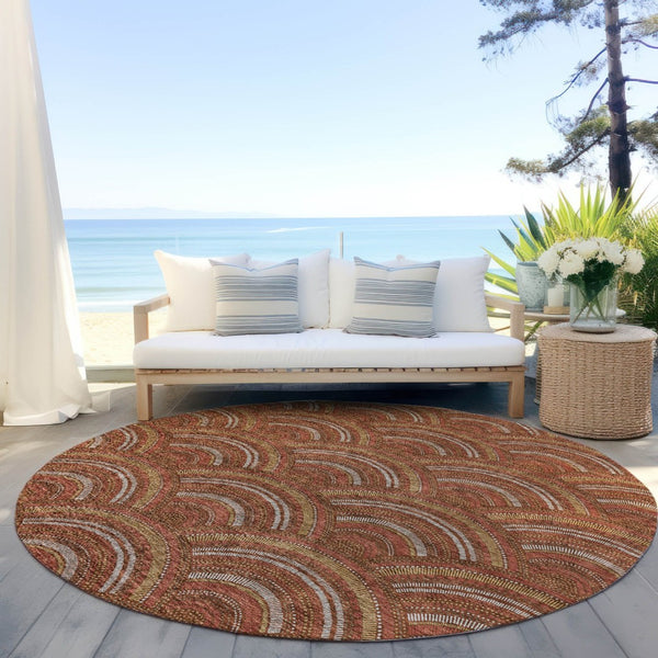 HomeRoots 5' Vibrant Orange Gold Ivory Geometric Area Rug - Durable, Washable, Indoor/Outdoor Design for Modern Spaces 8' Round 615220