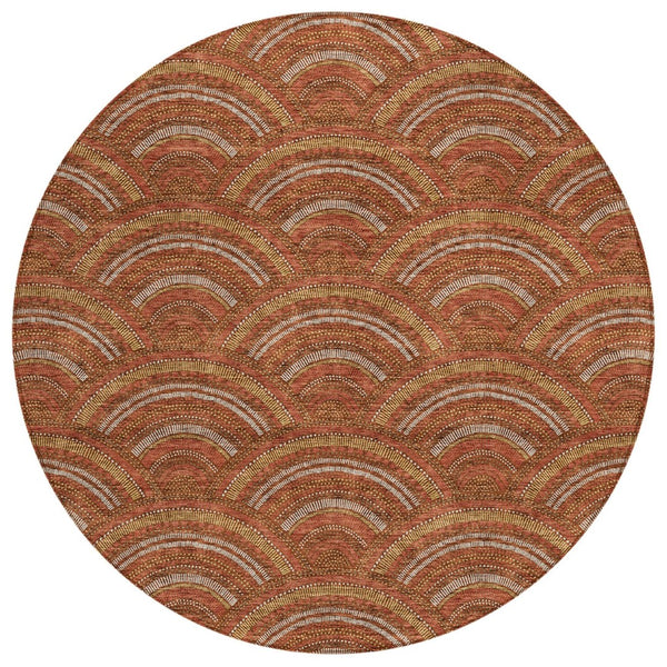 HomeRoots 5' Vibrant Orange Gold Ivory Geometric Area Rug - Durable, Washable, Indoor/Outdoor Design for Modern Spaces 8' Round 615220
