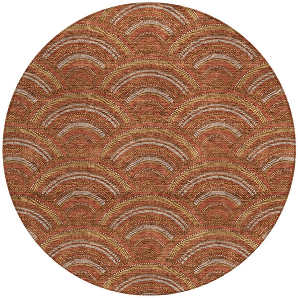 HomeRoots 5' Vibrant Orange Gold Ivory Geometric Area Rug - Durable, Washable, Indoor/Outdoor Design for Modern Spaces 8' Round 615220