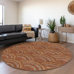 HomeRoots 5' Vibrant Orange Gold Ivory Geometric Area Rug - Durable, Washable, Indoor/Outdoor Design for Modern Spaces 8' Round 615220
