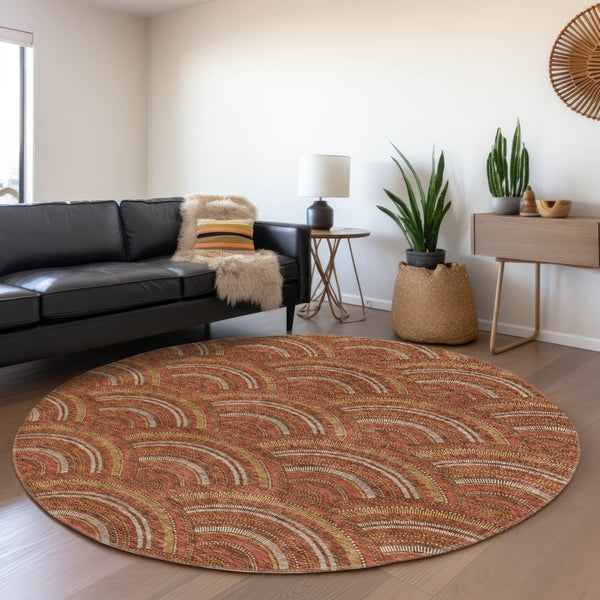 HomeRoots 5' Vibrant Orange Gold Ivory Geometric Area Rug - Durable, Washable, Indoor/Outdoor Design for Modern Spaces 8' Round 615220