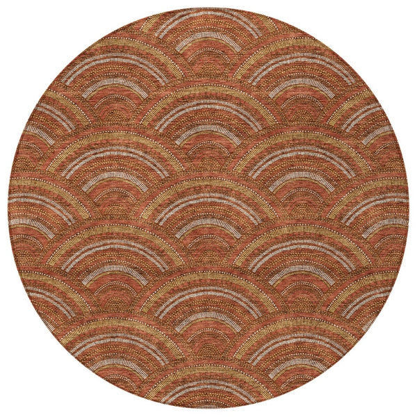 HomeRoots 5' Vibrant Orange Gold Ivory Geometric Area Rug - Durable, Washable, Indoor/Outdoor Design for Modern Spaces 8' Round 615220