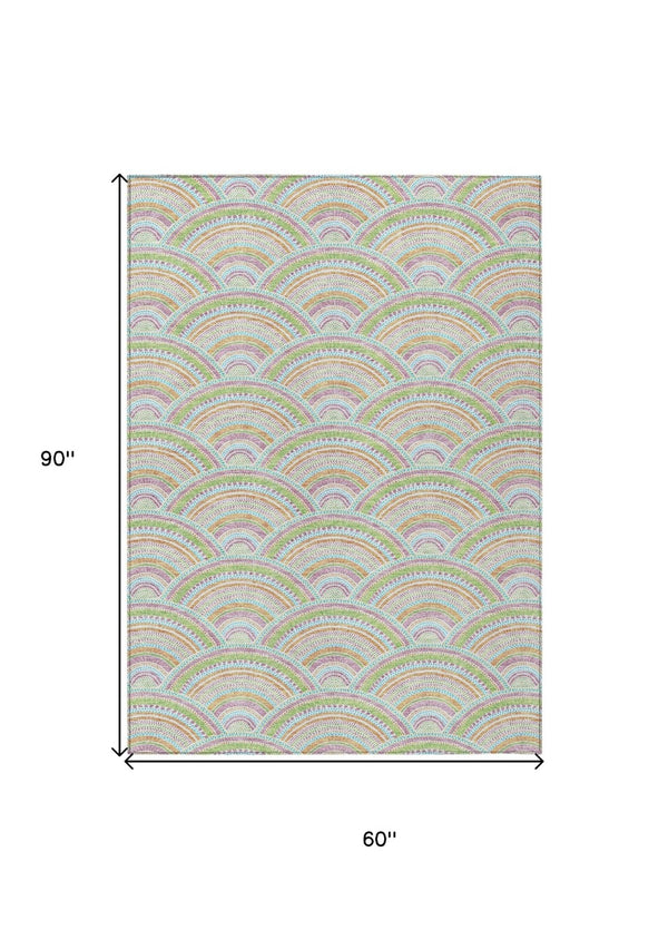 HomeRoots 5' Vibrant Pearl Orange and Purple Geometric Area Rug - Washable, Durable, Indoor/Outdoor Use 5' X 8' 615225