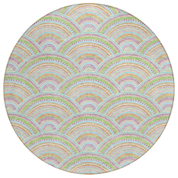 HomeRoots 5' Vibrant Pearl Orange and Purple Geometric Area Rug - Washable, Durable, Indoor/Outdoor Use 8' Round 615226