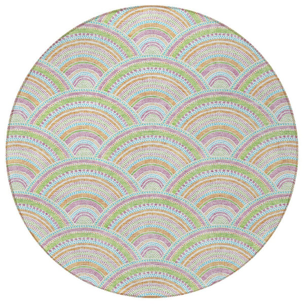 HomeRoots 5' Vibrant Pearl Orange and Purple Geometric Area Rug - Washable, Durable, Indoor/Outdoor Use 8' Round 615226